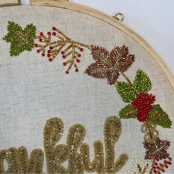 Embroidery Hoop Wall Hanging “Thankful” Wheat Material Stunning Bead Work - Picture 3 of 6